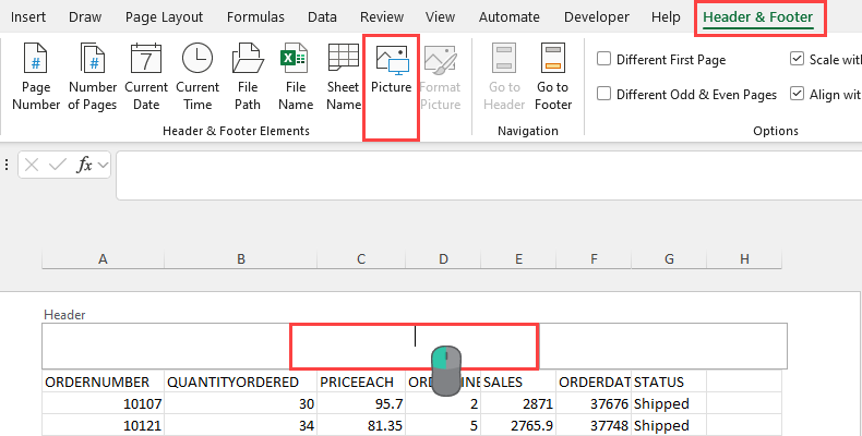 Picture button in the Header & Footer Elements group