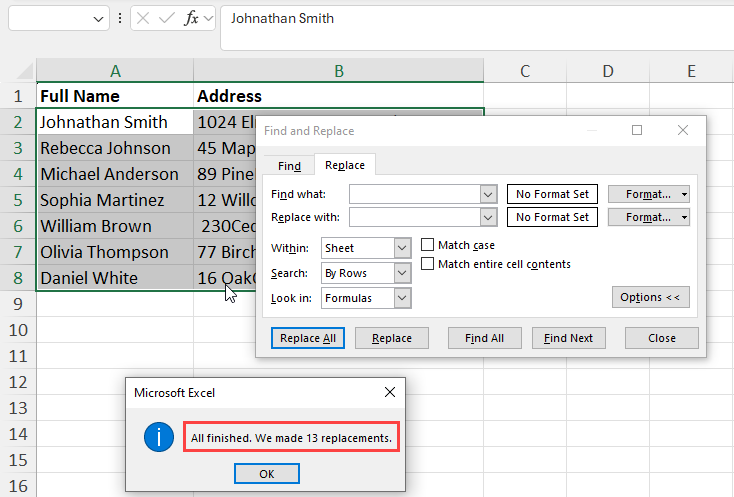 Removed extra spaces using Find and Replace
