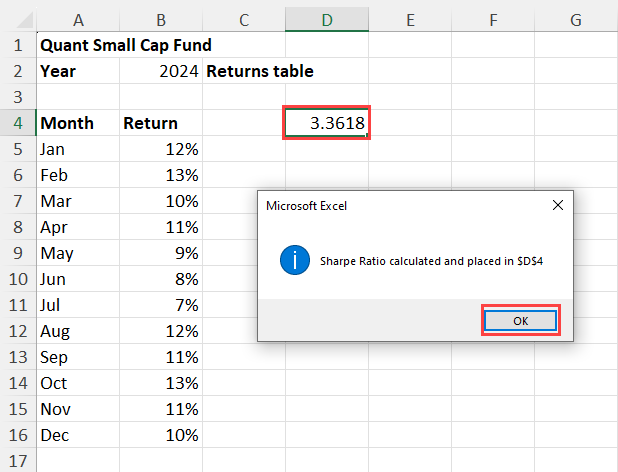 Sharpe Ratio using Excel VBA