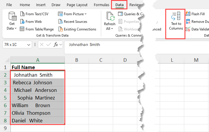 Text to Columns command