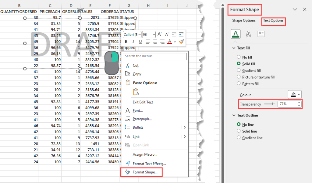 Transparency slider for text box