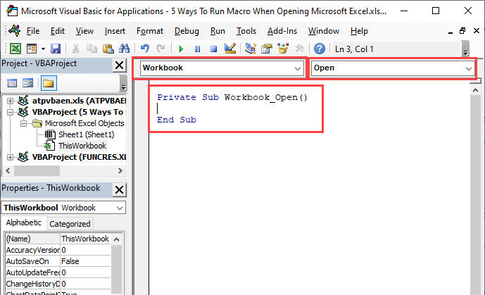 Two drop-downs at the top of the code window
