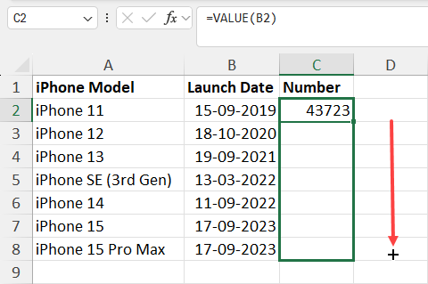 Using fill handle for VALUE