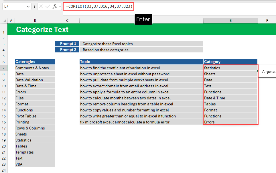 Categorize text